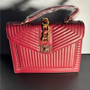 Badgley Mischka Red Quilted Top-Handle Satchel with Gold Chain